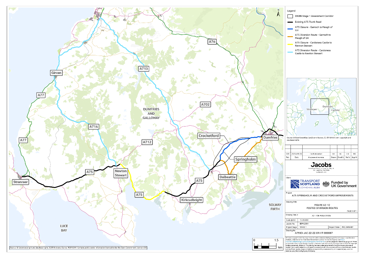 A figure showing the posted diversion routes resulting from closures along the A75. There are two diversions routes resulting from closures on the A75 between Garroch to Haugh of Urr and Cardoness Castle to Newton Stewart. 