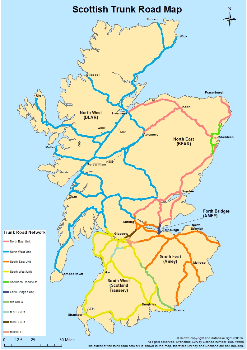 Scottish trunk road network map