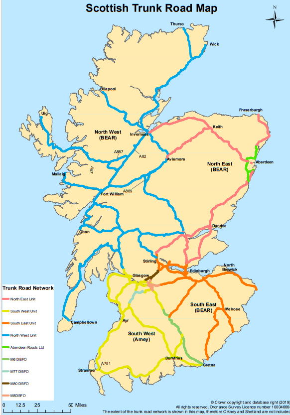 Scottish trunk road network map