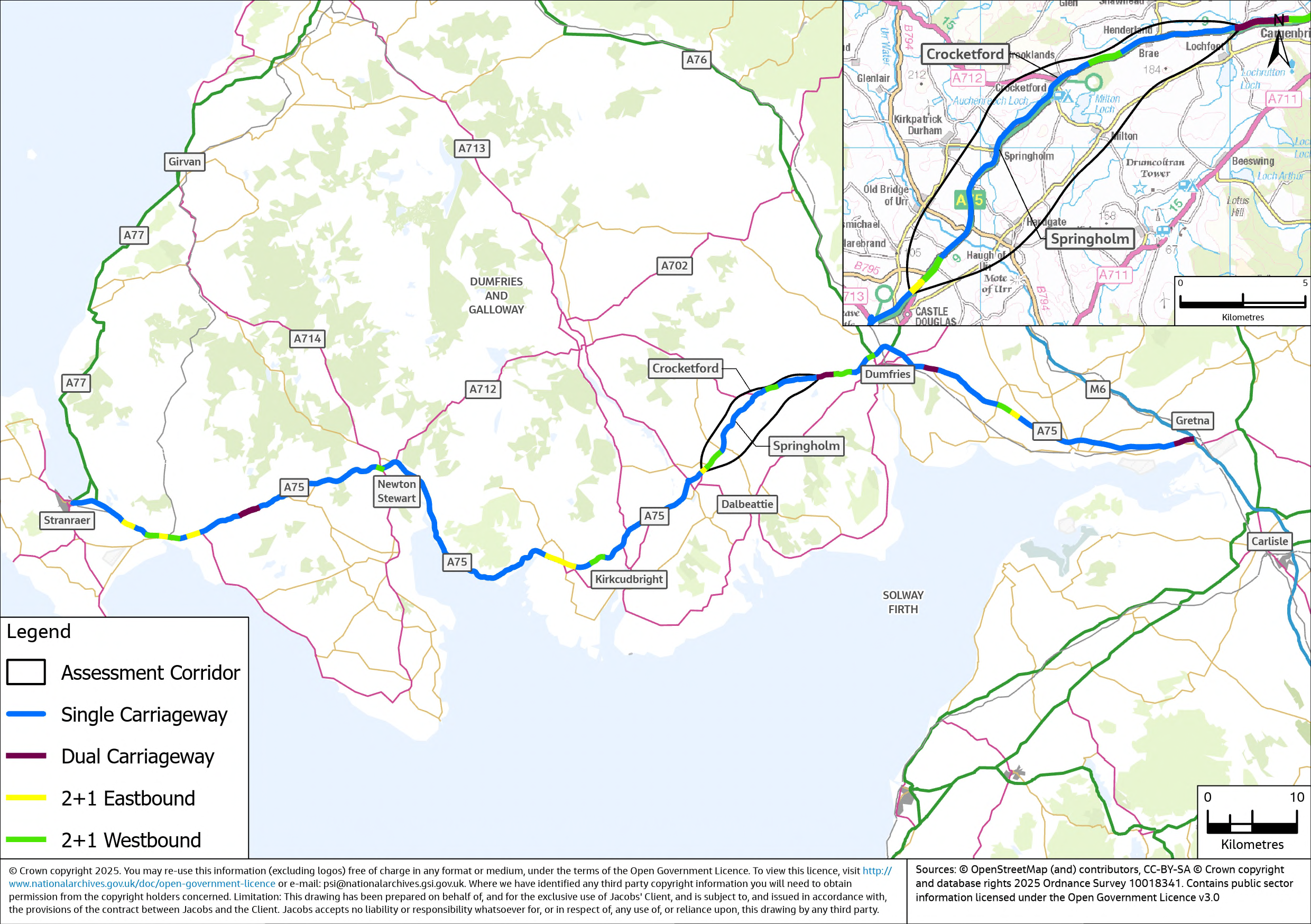A map illustrating the road standard of the A75 trunk road within the assessment corridor and across the wider geographical context. In total, there are 15 sections with overtaking provision and five dual carriageway sections along the A75 Trunk Road between Gretna and Stranraer. Within the assessment corridor, the A75 is primarily single carriageway with three overtaking opportunities. 