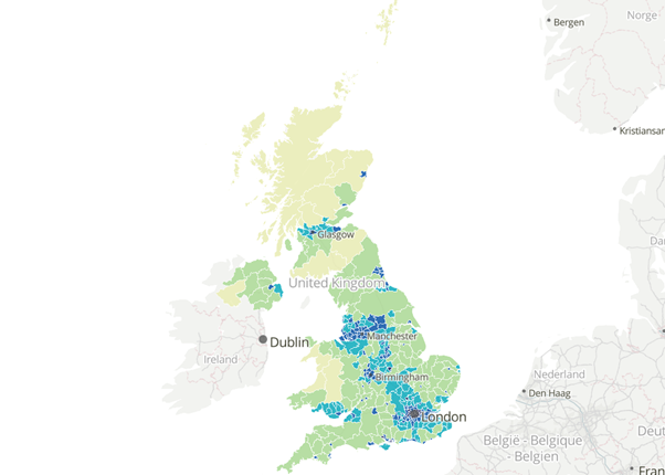 Figure 3.8: Population density, 2022, by local authority area, UK  A heat map of United Kingdom showing population density. Results discussed below.
