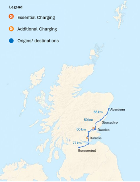 map of Essential And Additional Charging On The Glasgow Aberdeen HGV Route
