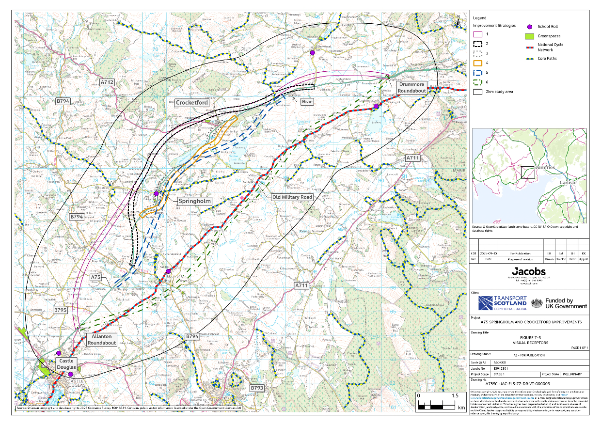 A figure showing visual receptor locations within the 2km study area. These visual receptor locations are Schools, Greenspaces, National Cycle Networks and Core Paths.