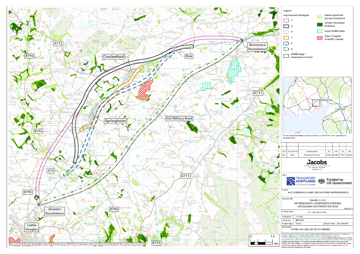 A figure showing the location of the Native Woodland Survey of Scotland, Ancient Woodland Inventory, Local Wildlife Sites and Sites of Special Scientific Interest in relation to the six improvement strategies and the DMRB Stage 1 Assessment Corridor.