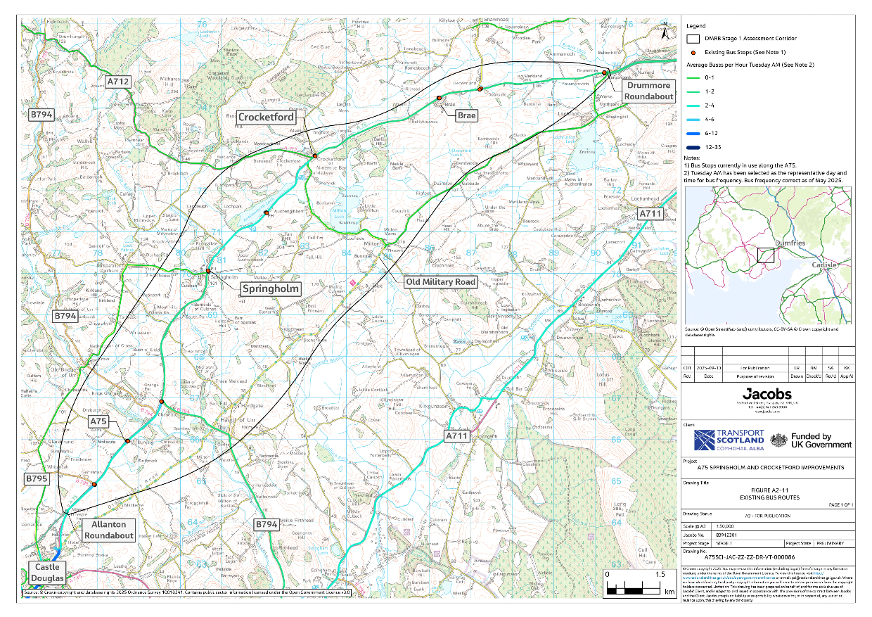 A figure showing bus stops and the average frequency of bus services per hour on a Tuesday morning along the A75 within the assessment corridor from information collated in May 2025.