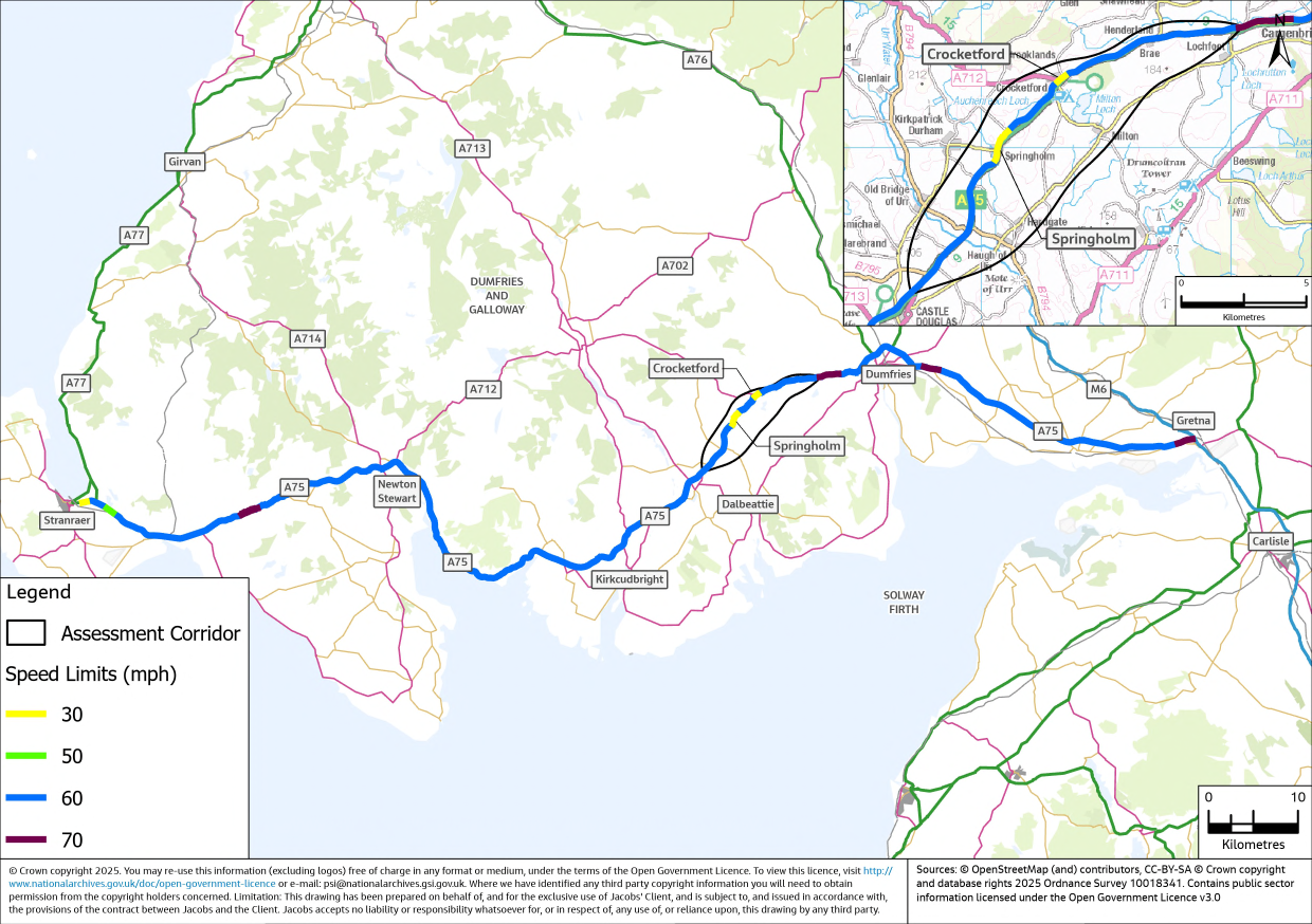A map illustrating speed limits on the A75 Trunk Road within the assessment corridor and across the wider geographical context. Within the assessment corridor, the A75 is primarily national speed limit (60mph) dropping to 30mph through Springholm and Crocketford. The majority of the wider route operates under the respective national speed limit for single and dual carriageways. A 50mph section is noted near the village of Castle Kennedy. 