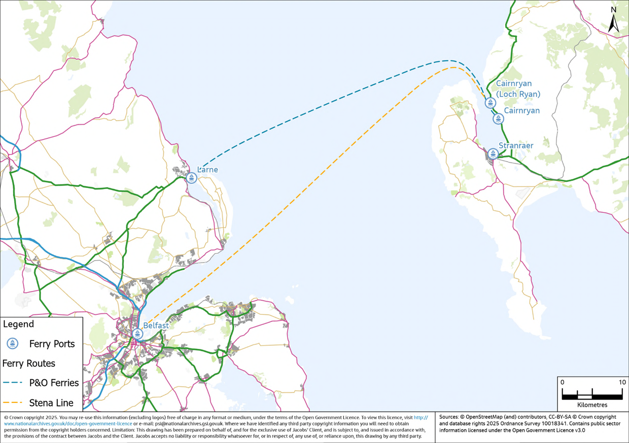 A map illustrating the location of ferry ports in Scotland near Stranraer and in Belfast and Larne in Northern Ireland. The map shows the ferry route connecting these locations for both ferry operators; P&O and Stena Line. 