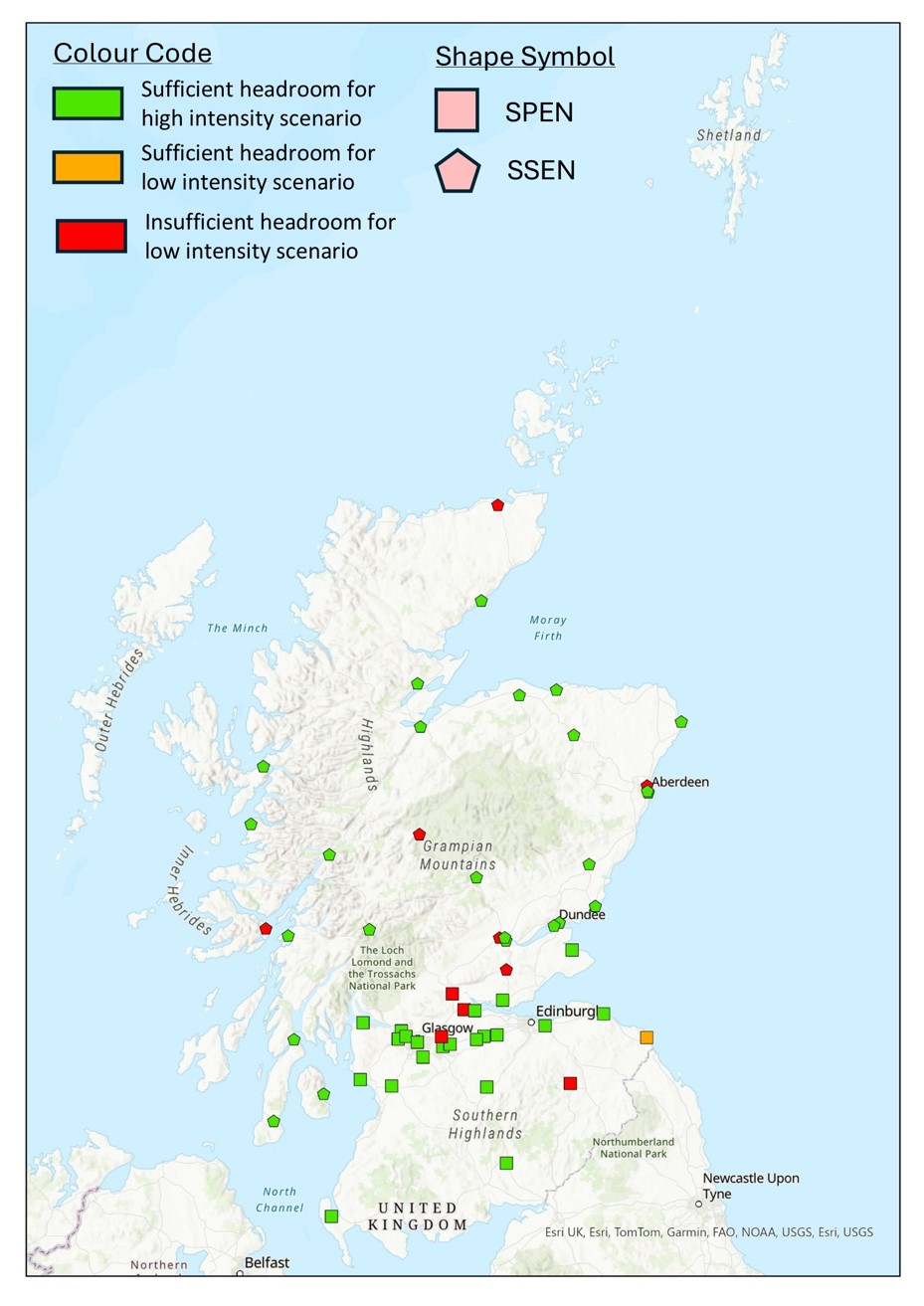 Map of Substation Capacity To Support The Core Charger Network And 2% Of The HGV Fleet Switching To BEV.