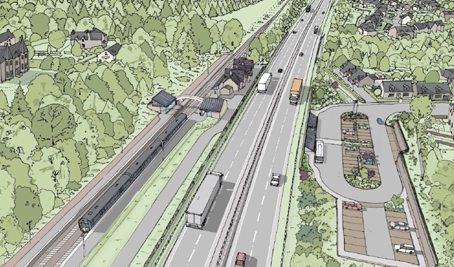 Artist's impression of an aerial view of Dunkeld &amp; Birnam Station and replacement car park
