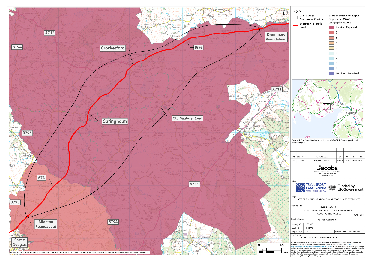 A figure showing the Scottish Index of Multiple Deprivation (SIMD) decile rankings specifically for the geographic access to key services indicator. Four of the five data zones shown have a ranking of one for the Geographic Access domain, indicating very poor access to services. This is true for the data zones encompassing the settlements of Crocketford and Springholm, as well as Haugh of Urr, Milton and Kirkpatrick Durham and the surrounding rural areas. The exception is the data zone east of Castle Douglas, which has a ranking of two that this still suggests poor access to services.