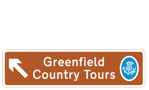 A diagram displaying a brown tourist sign, featuring the legend "Greenfield Country Tours". A direction arrow is displayed to the left of the sign, and the blue VisitScotland thistle logo is displayed to the right.