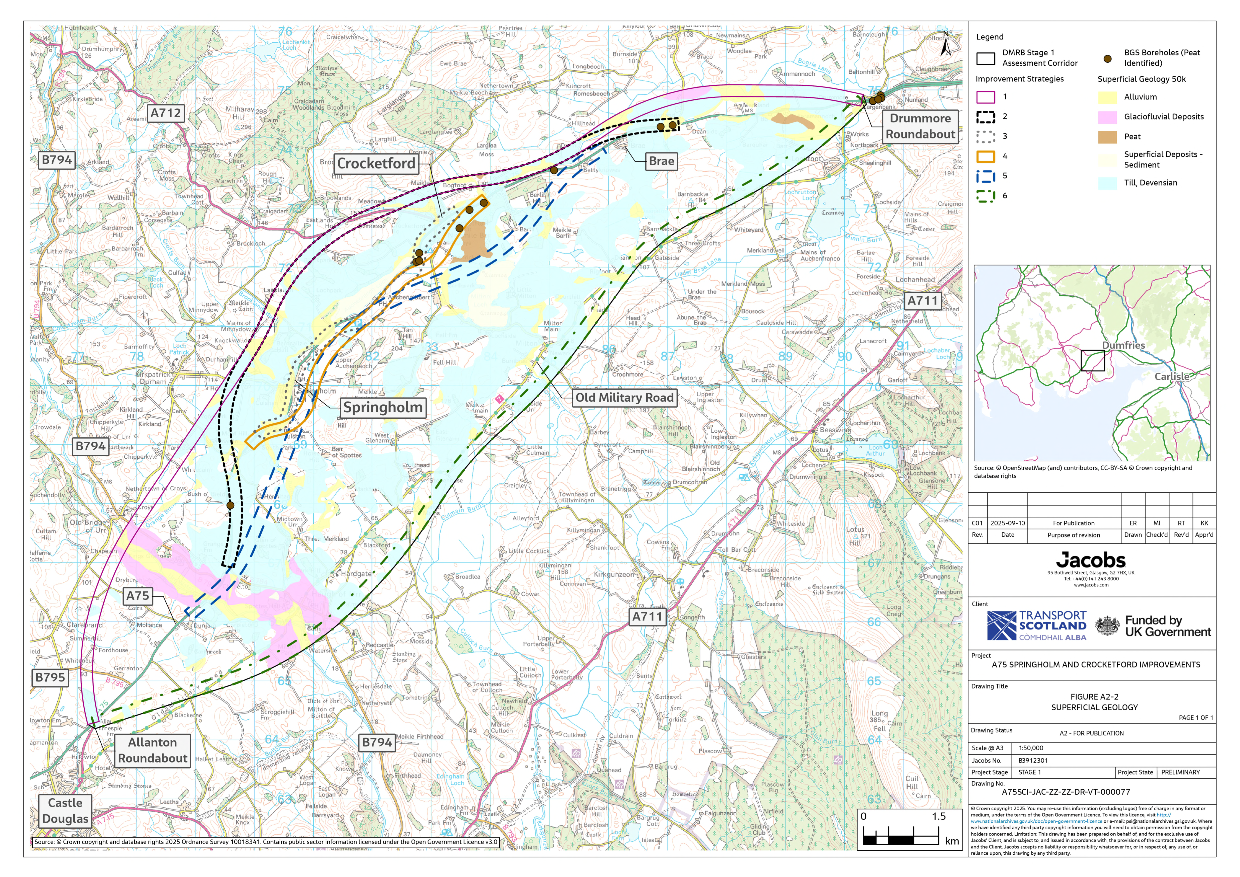 A figure showing the superficial geology within the assessment corridor. It shows areas of alluvium, glaciofluvial deposits, peat, superficial sediment deposits and Devensian till. In addition BGS boreholes where peat has been identified have also been included. The improvement strategies are also shown to give context on the potential interactions with these.