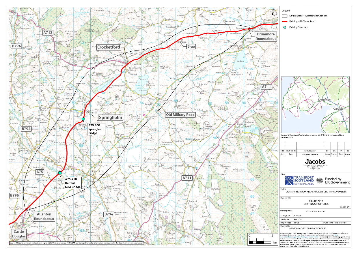 A figure showing the locations of existing structures on the A75 within the assessment corridor. Two structures are identified Ramhill New Bridge crossing Urr Water and Springholm Bridge over Culshan Burn. 