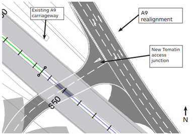 Close-up map of the new A9 junction at Tomatin.