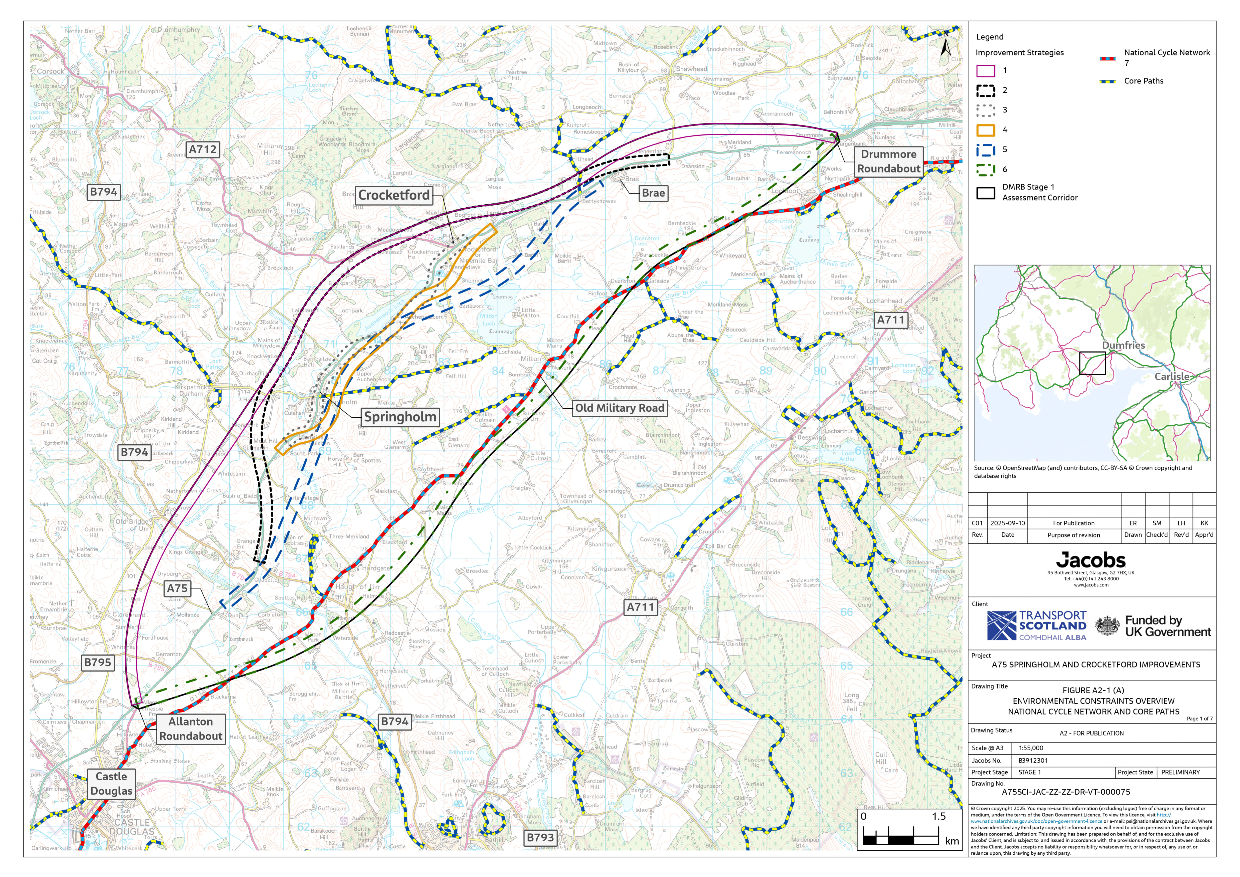 A figure showing the National Cycling Network Route 7 and core paths within the assessment corridor. The improvement strategies are also shown to give context on the potential interactions with these.
