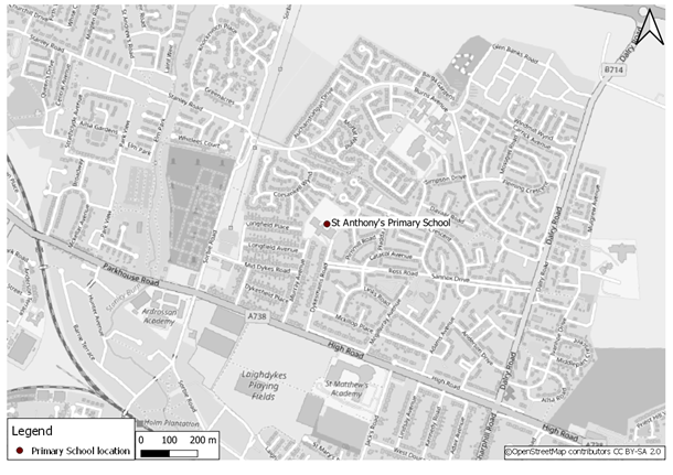 Figure A-1: St Anthony’s Primary School Location, as described in the text below