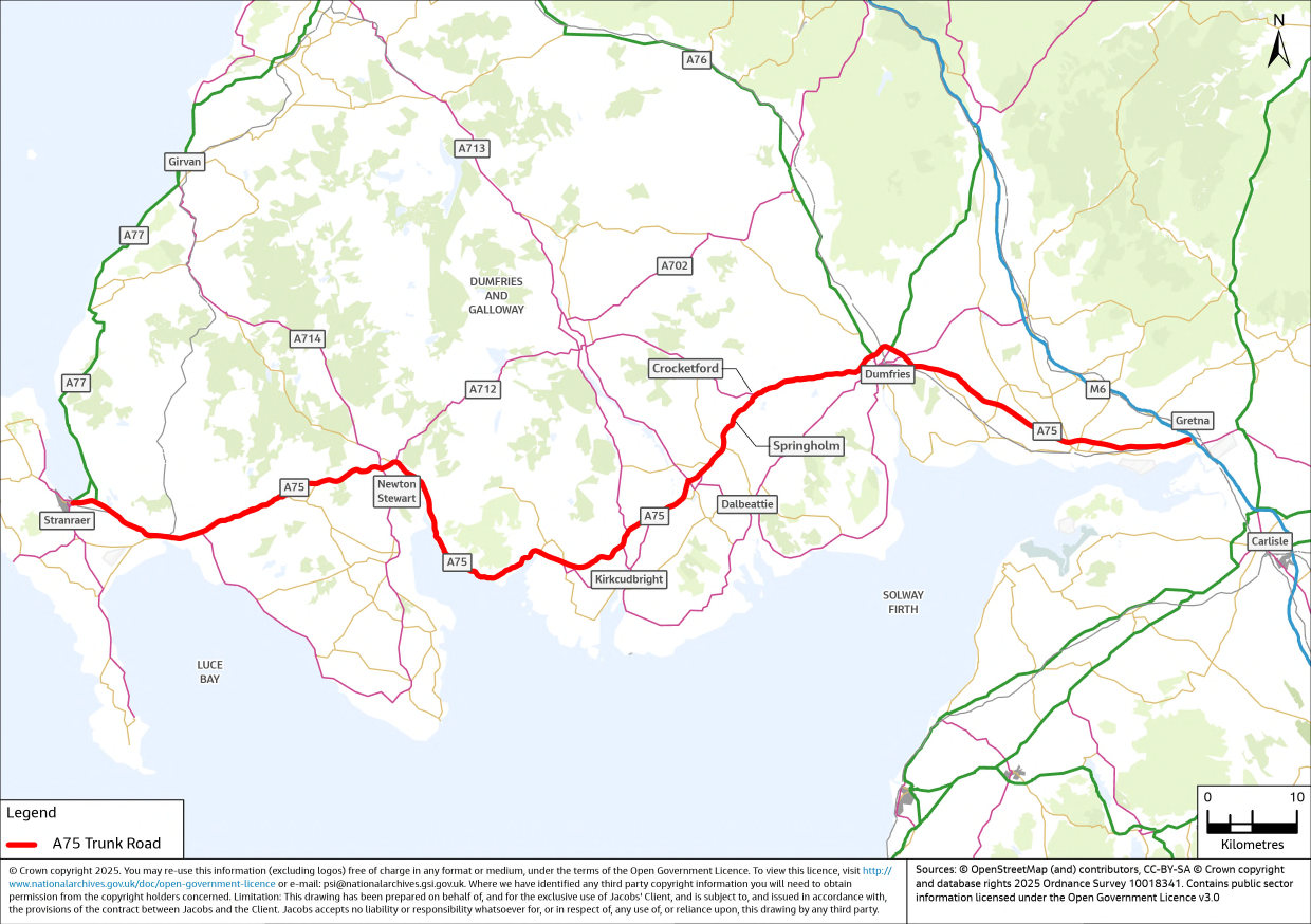 A map showing the A75 Trunk Road route and its surrounding geographical context comprising largely of areas within the Dumfries and Galloway council area. The map shows that the A75 connects the towns of Gretna in the East and the M6 motorway, to Stranraer and the A77 trunk road in the West. Other settlements on the A75 between the two towns at either end include Springholm. Crocketford, Kirkcudbright and Newton Stewart. The connection with the M6 in the East provides onward connectivity into England via Carlisle.
