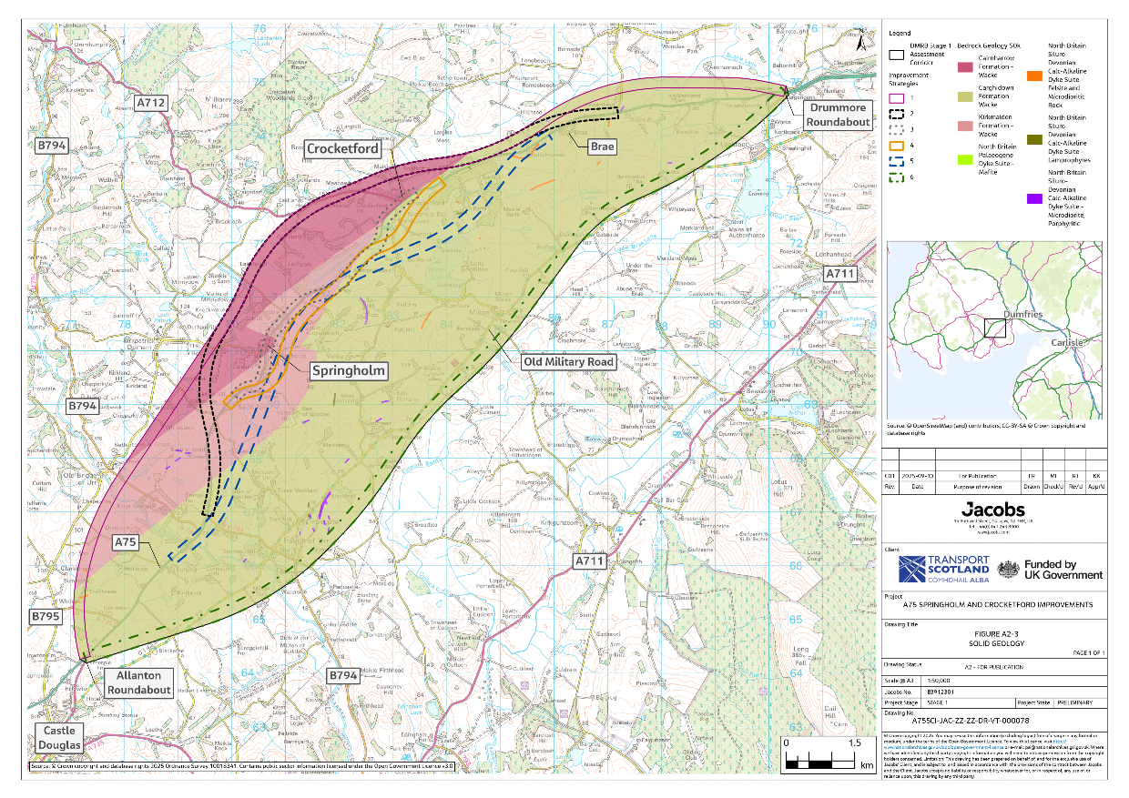 A figure showing the solid geology within the assessment corridor. It shows areas of wacke formations, mafite, felsite and microdioritic rock, lamprophyres and microdiorite porphyritic. The improvement strategies are also shown to give context on the potential interactions with these.
