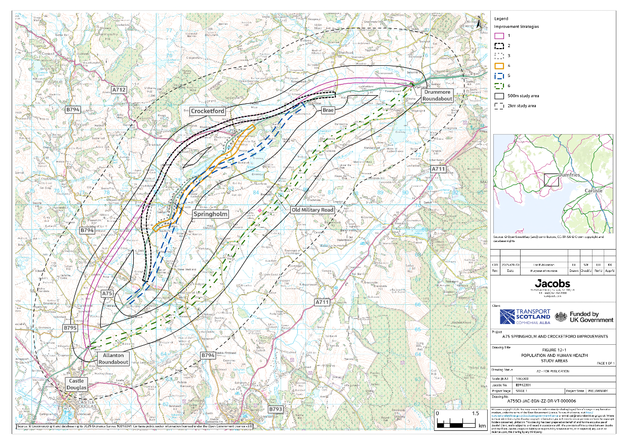 A figure showing the 500 m study area and 2 km study area for the population and human health assessment in relation to the six improvement strategies. 