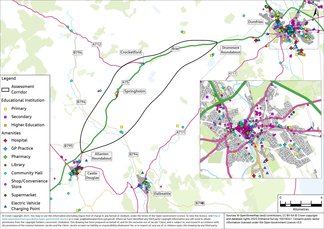 A map depicting the distribution of key services and amenities within the assessment corridor and surrounding towns of Castle Douglas and Dumfries where the majority of facilities are located. Facilities highlighted include healthcare facilities, education, electric vehicle charging points, retail stores, and other notable community facilities. The map shows there are no healthcare, large supermarket or electric vehicle charging facilities within the assessment corridor but these are available in Dumfries and Castle Douglas. 