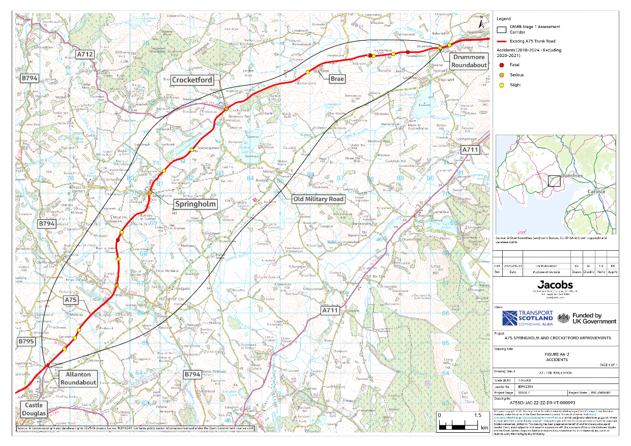 A figure showing all accident locations between 2012 and 2024 within the assessment corridor. There are a number of accidents across the length of the road of all severities including slight, serious and fatal accidents. 