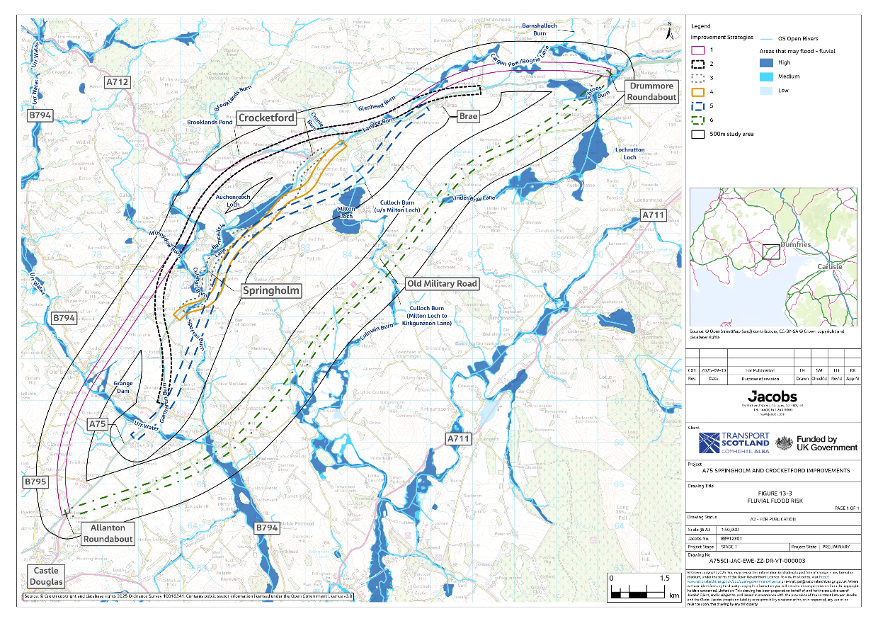 A figure showing the extent of fluvial flood risk within the 500m study area around the six improvement strategies.