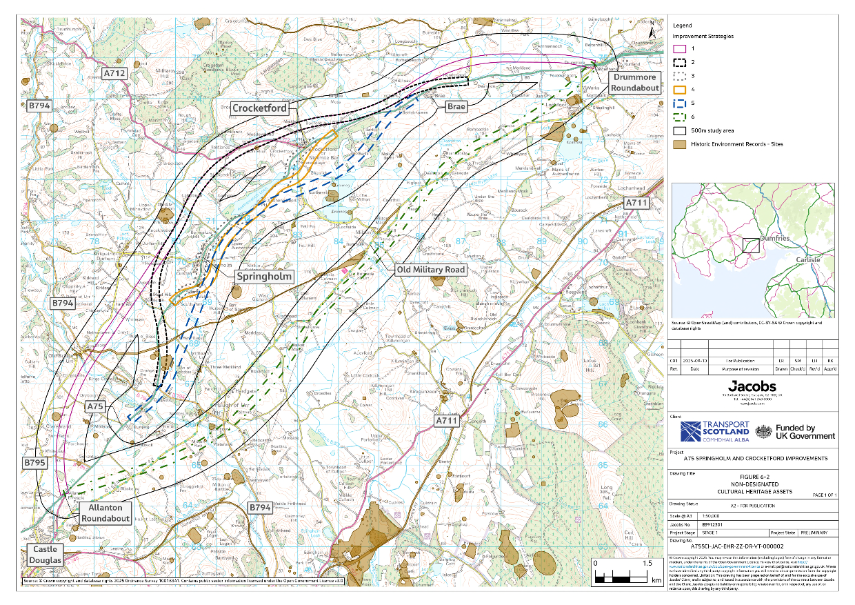 A figure showing non-designated cultural heritage assets within the 500m study area. Non-designated cultural heritage assets are known local archaeological sites and finds, historic buildings and historic landscapes and recorded on the local authority Historic Environment Record (HER).