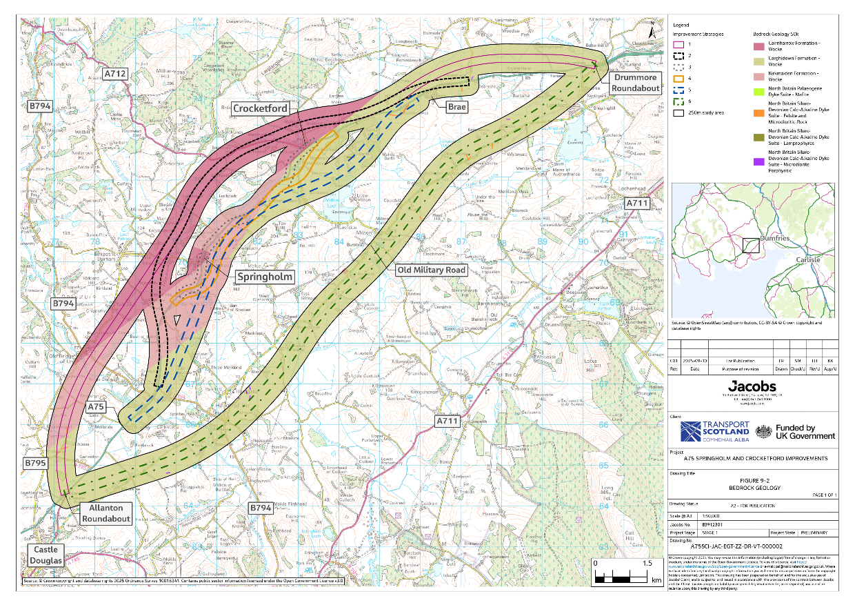 A figure showing the bedrock geology for the 250 m study area around the six improvement strategies