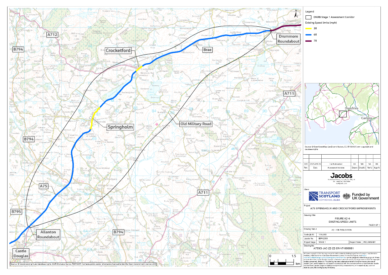 A figure showing speed limits on the A75 Trunk Road within the assessment corridor and across the wider geographical context. Within the assessment corridor, the A75 is primarily national speed limit (60mph) dropping to 30mph through Springholm and Crocketford.